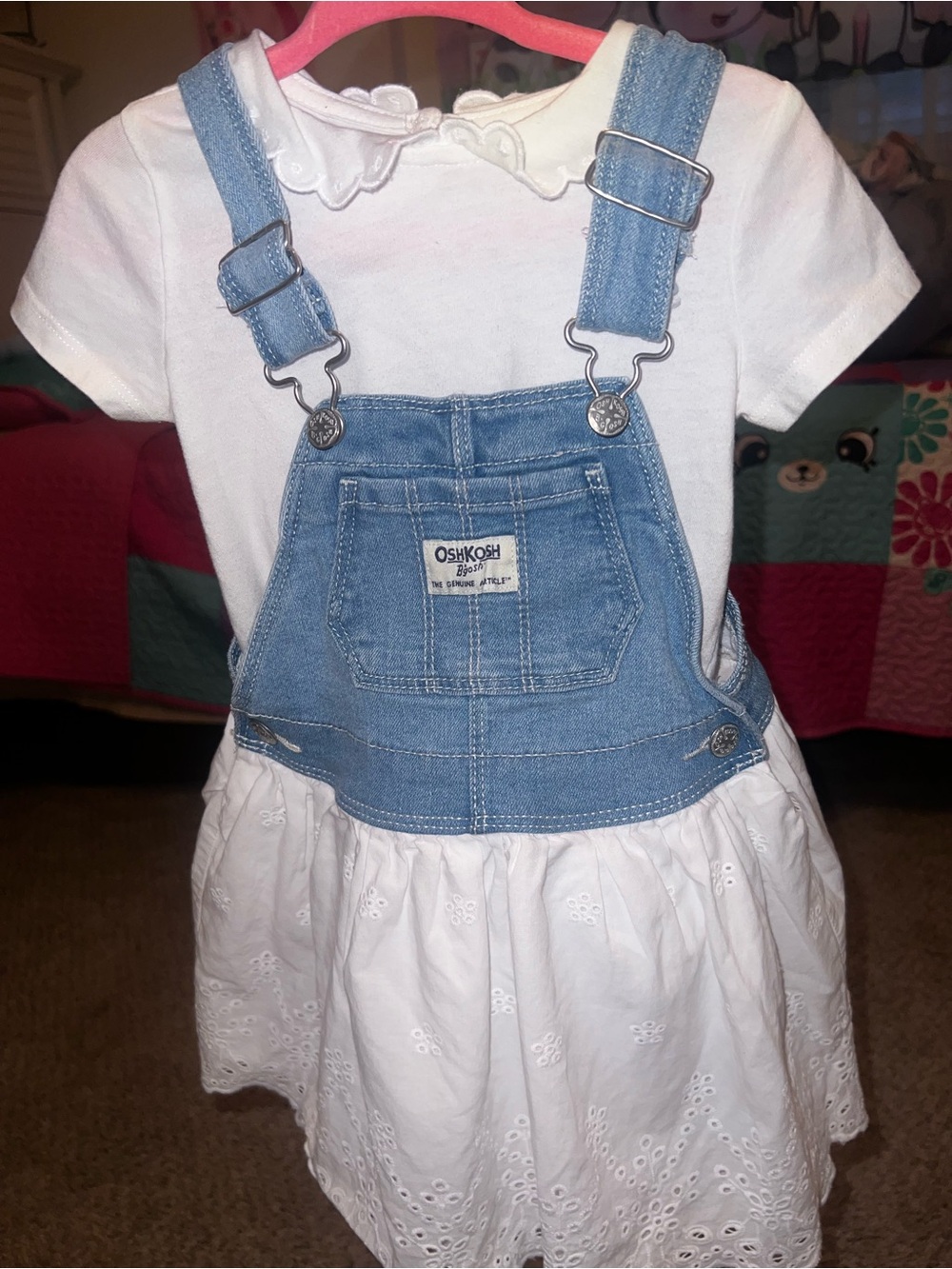 OshKosh Denim-Front White Skirt Overalls Dress for Girls